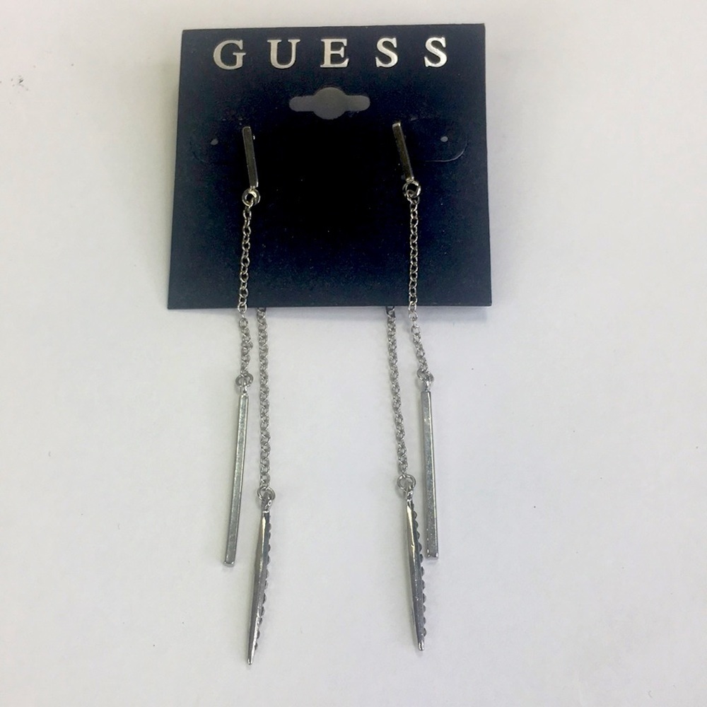 New GUESS Priscilla Linear Earrings silver tone Crystals Pierced 3.5" long